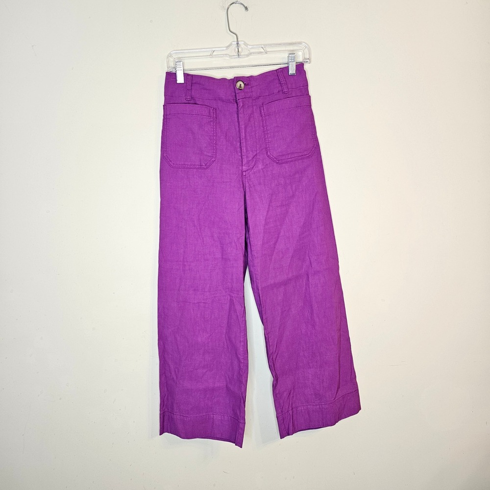 Maeve Colette Pants Women 28 Purple Wide Leg High Rise Cropped Linen Blend